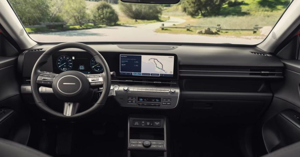The 12.3-inch touchscreen navigation of the 2026 blue Hyundai Kona