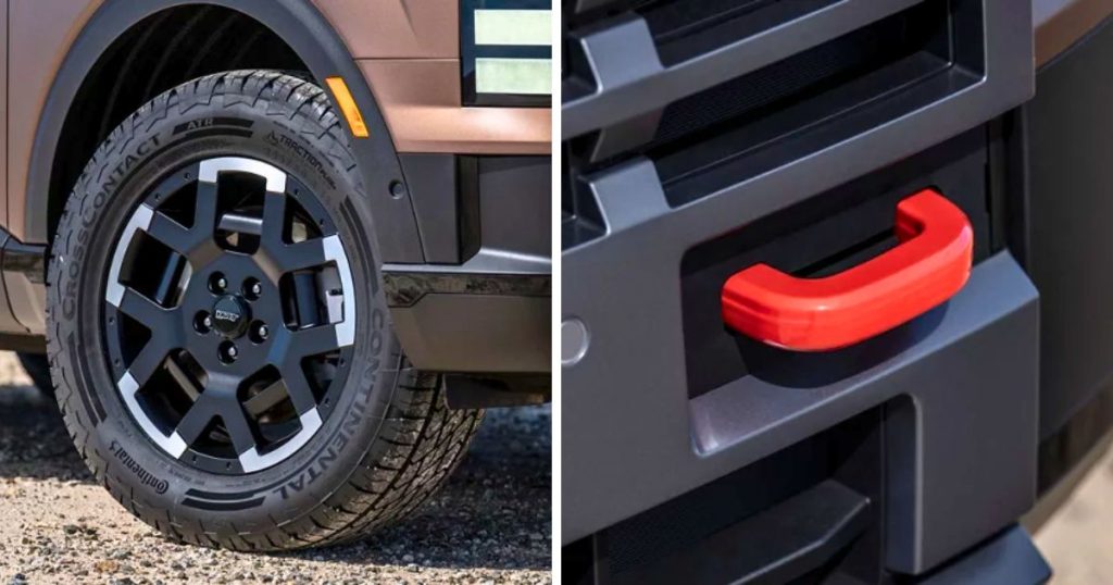 The 18-inch dark alloy wheels with all-terrain tires and recovery hooks