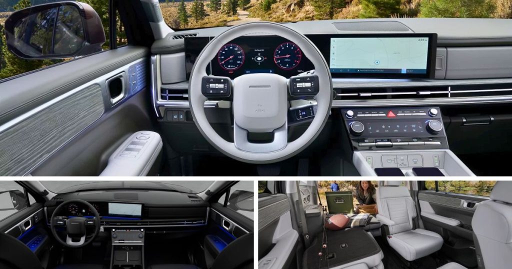 12.3-inch panoramic curved display, ambient lighting, and 2nd-row captain's chair seats of the 2026 Hyundai Santa Fe Limited