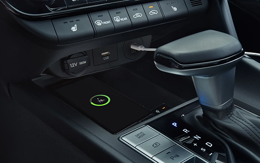 2026 Hyundai Elantra interior center console with wireless charging pad and gear shifter