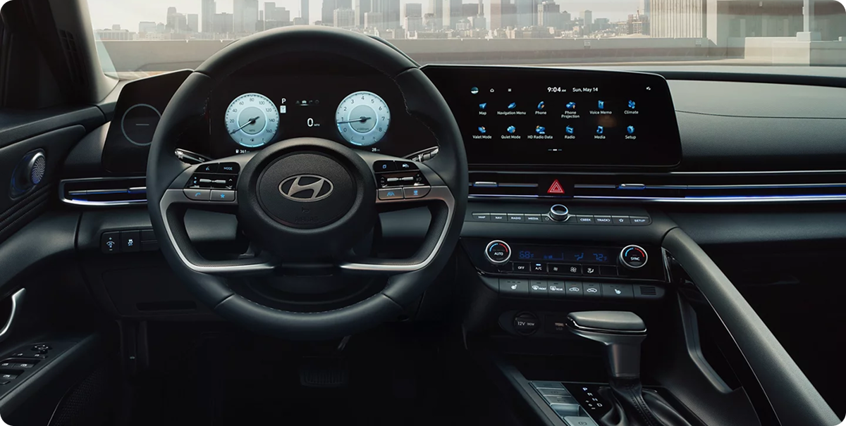 2026 Hyundai Elantra interior featuring dual 10.25-inch digital displays and steering wheel