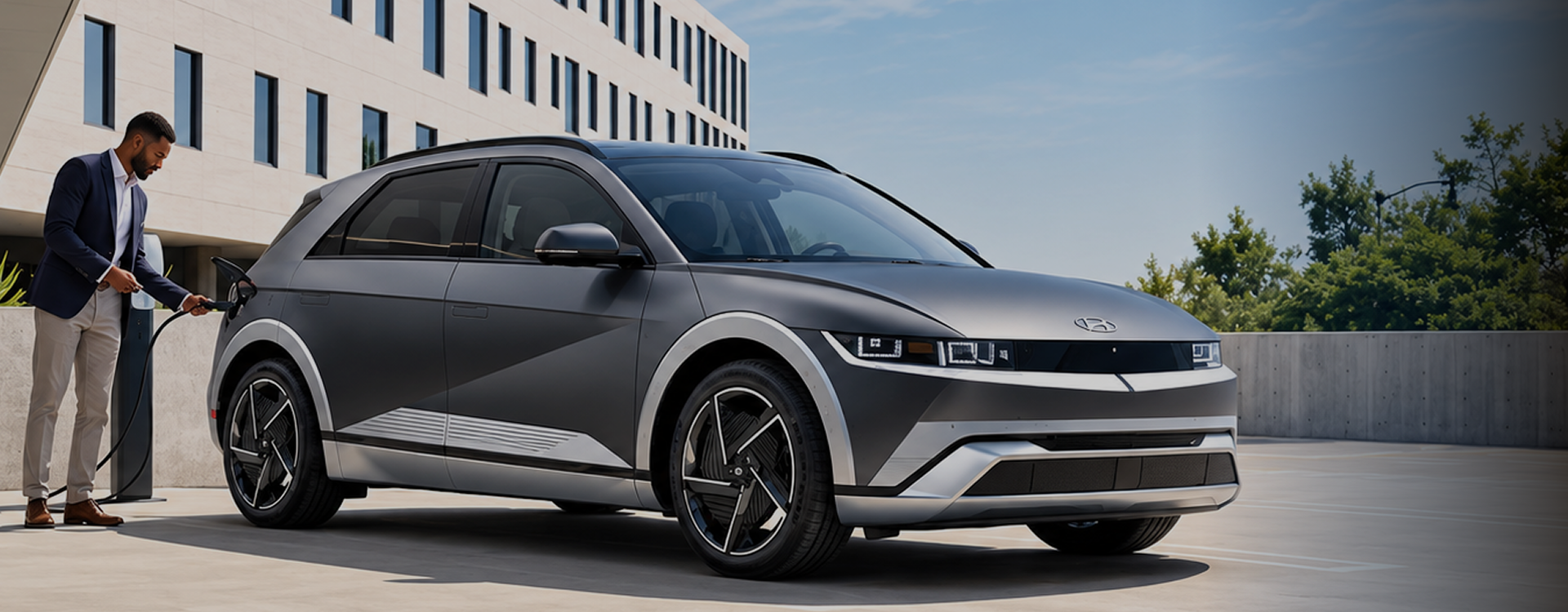 A man in a blazer plugging a charging cable into a matte gray 2027 Hyundai IONIQ 5 parked outside a modern concrete building