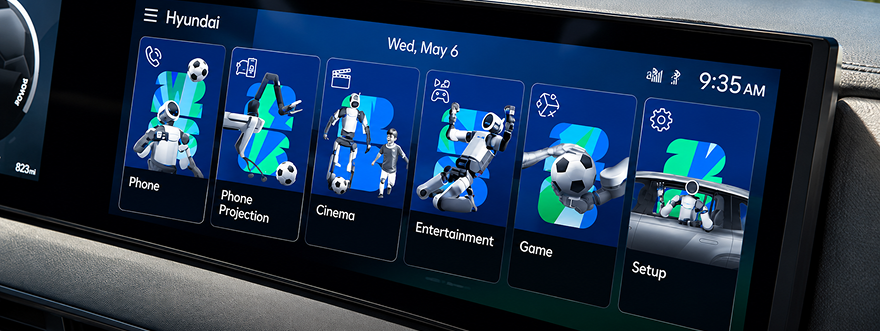 The IONIQ 5 touchscreen showing the FIFA World Cup 2026 display theme menu