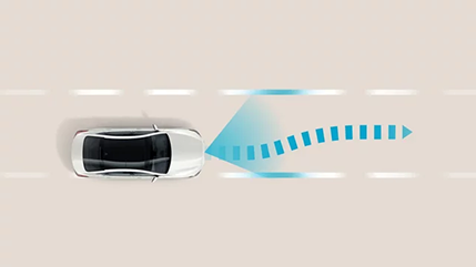 Overhead diagram of a white car following a dashed blue path centered in its lane