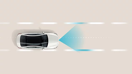 Overhead diagram of a white car drifting from the lane center with a sensor cone ahead