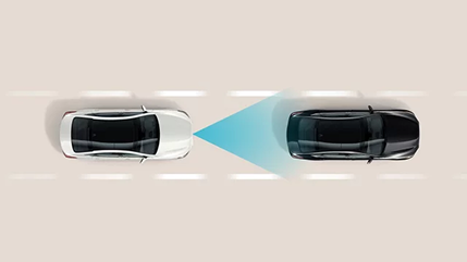 Overhead diagram of a white car keeping a set distance behind a dark car in the same lane