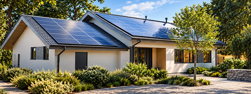 A single-story house with solar panels across its roof and a landscaped front garden
