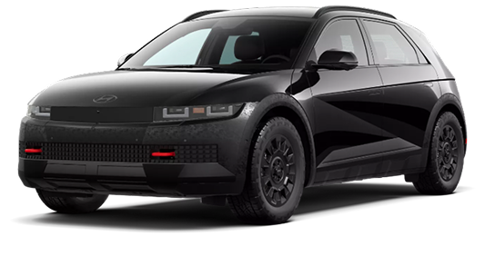 A matte black 2027 Hyundai IONIQ 5 XRT with black wheels and red tow hooks
