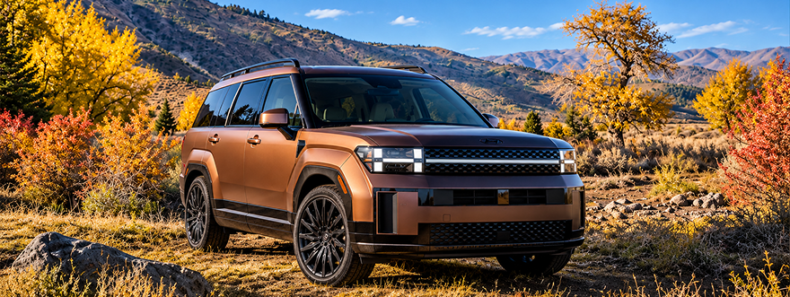 A copper SANTA FE parked in an autumn mountain valley