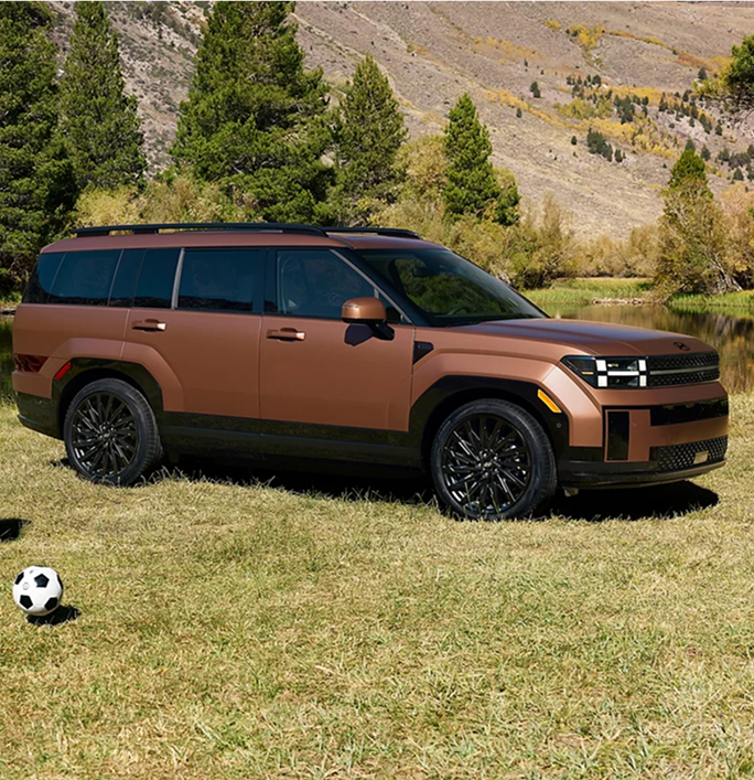 A copper SANTA FE parked on a grass field with a soccer ball nearby