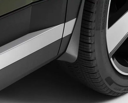 A black mud guard behind the wheel of a SANTA FE