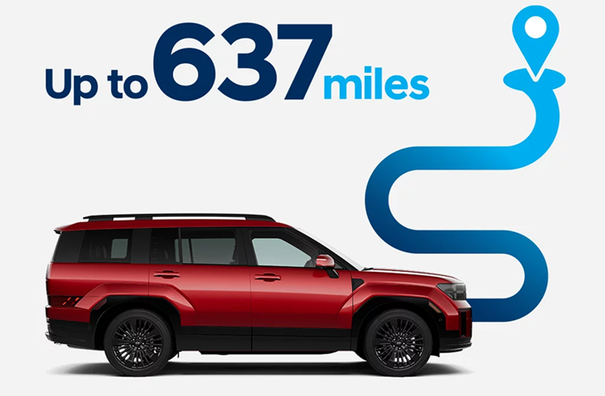 A red SANTA FE Hybrid in profile beside a winding route graphic reading up to 637 miles