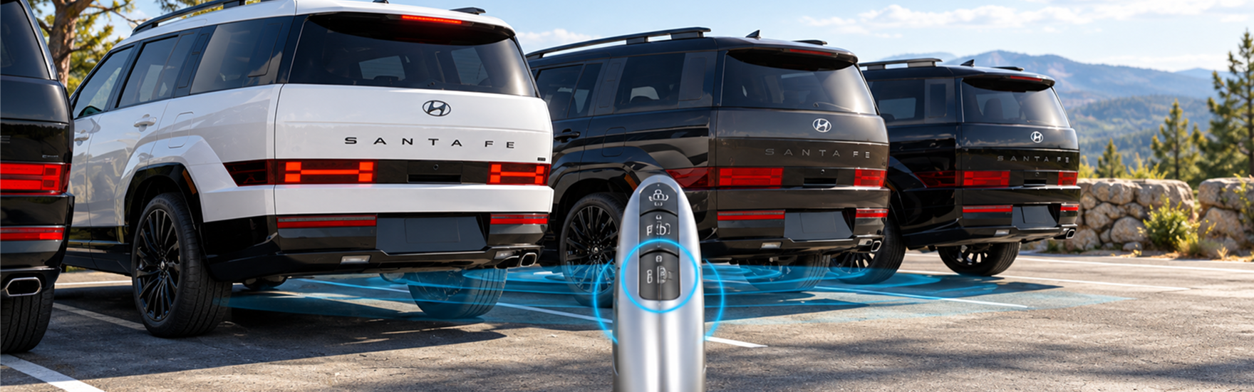 A white SANTA FE Hybrid parking itself in a lot while a smart key is held nearby