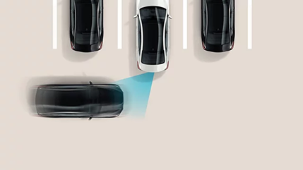 Overhead diagram of a white car reversing with sensor cones to each side