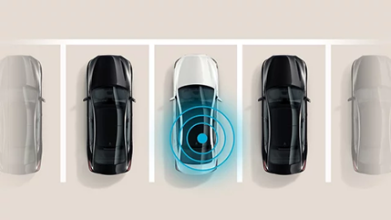 Overhead diagram of a parked white car sensing movement in the back seat