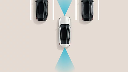 Overhead diagram of a white car with ultrasonic sensor cones front and rear