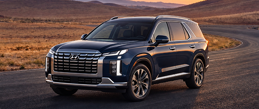 A dark blue Hyundai Palisade SUV on a desert road at sunset