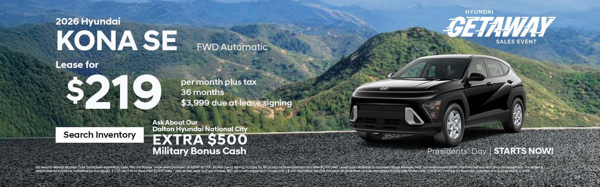 New 2026 Hyundai Kona SE FWD Automatic Lease for $219 / mont