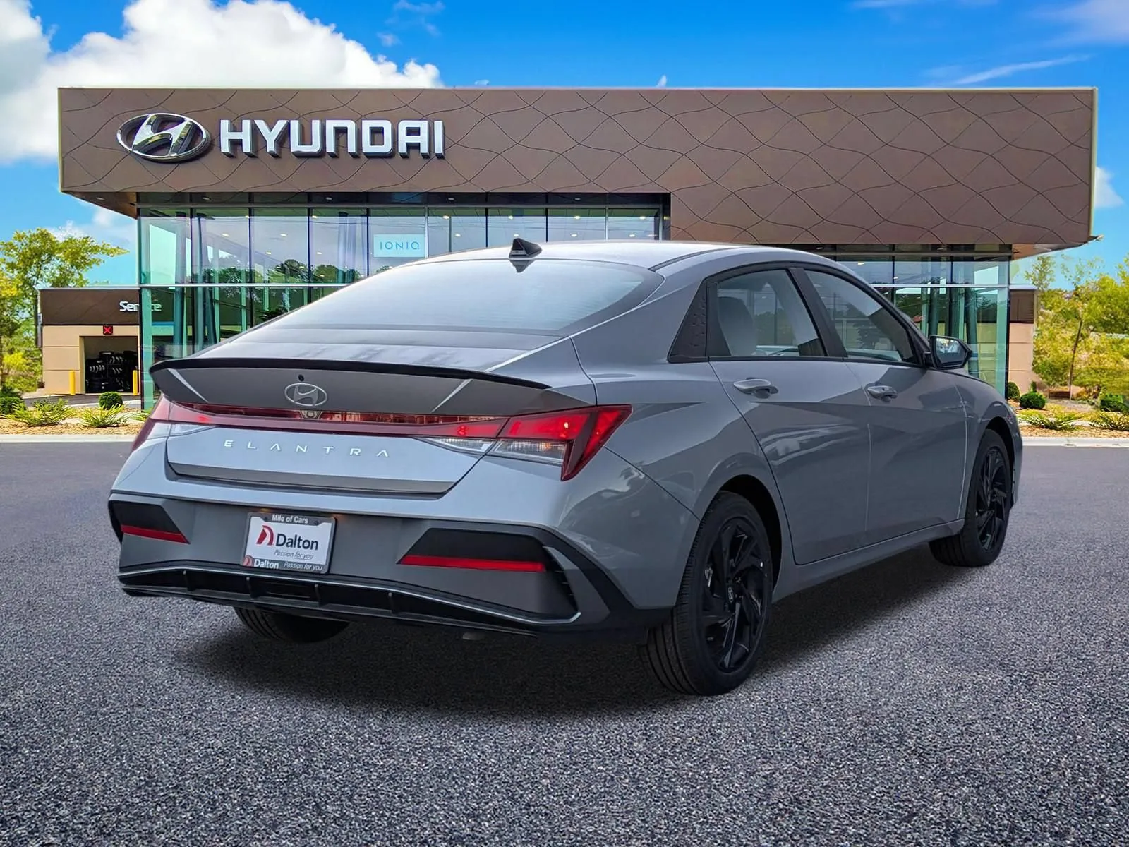Rear three-quarter view of a silver 2026 Hyundai Elantra at Dalton Hyundai