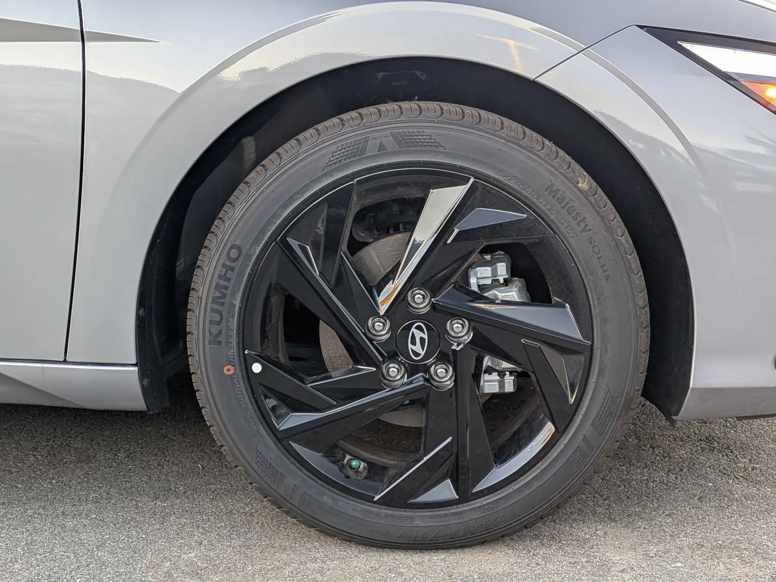 Close-up of the alloy wheel on a silver 2026 Hyundai Elantra