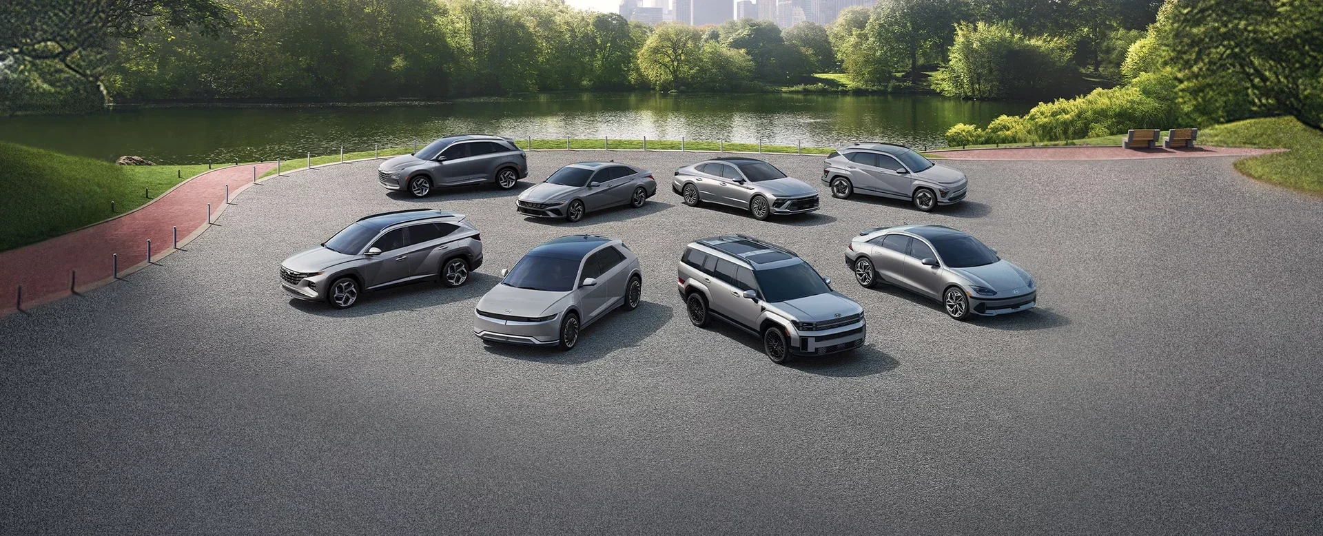 The Hyundai lineup parked together on a lakeside overlook.