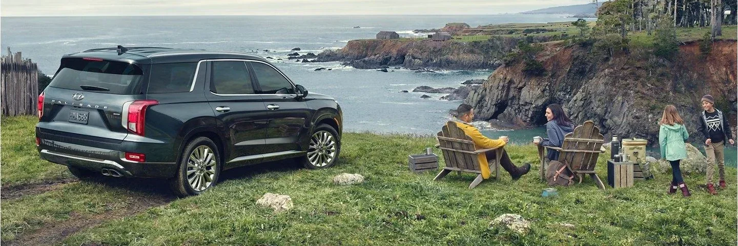 A Hyundai Palisade parked on grass above the coast with a family at a picnic table.
