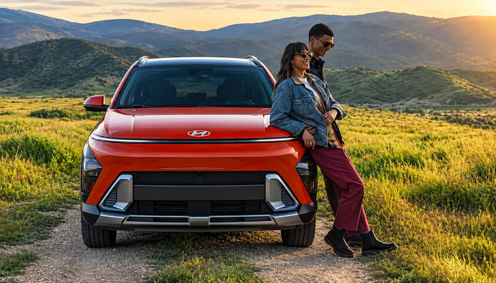 A couple leaning on the front of a red Hyundai Kona in a hillside meadow.