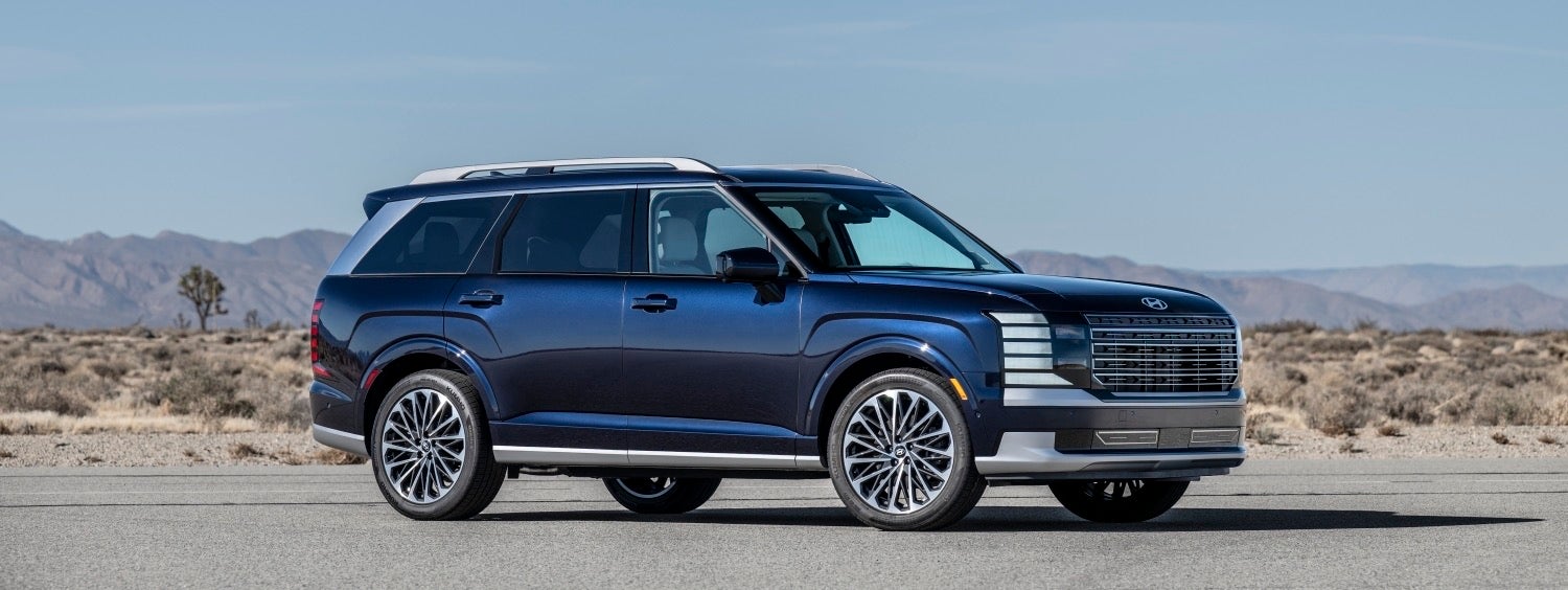 A dark blue Hyundai Palisade parked on a desert road with mountains in the distance, the three-row SUV shoppers compare in SE and SEL trim at Dalton Hyundai National City