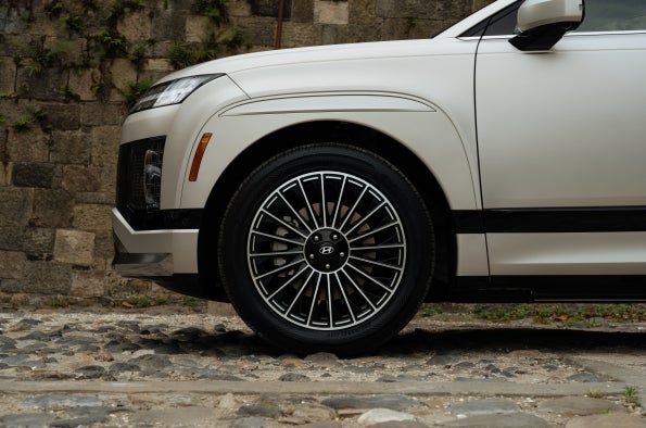 Close-up of an IONIQ 9 alloy wheel and tire