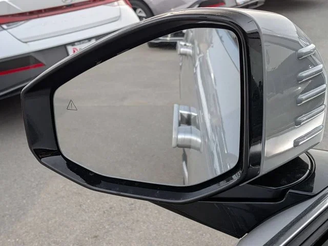 The IONIQ 9 door mirror showing the blind-spot warning indicator